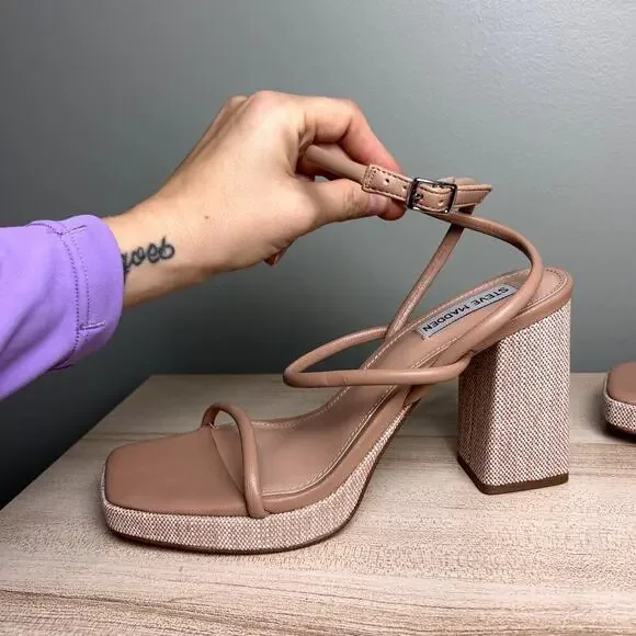 Steve Madden Pennie Tan Brown Faux Leather Strappy Block Heels Sandals size 9.5 - Picture 10 of 12